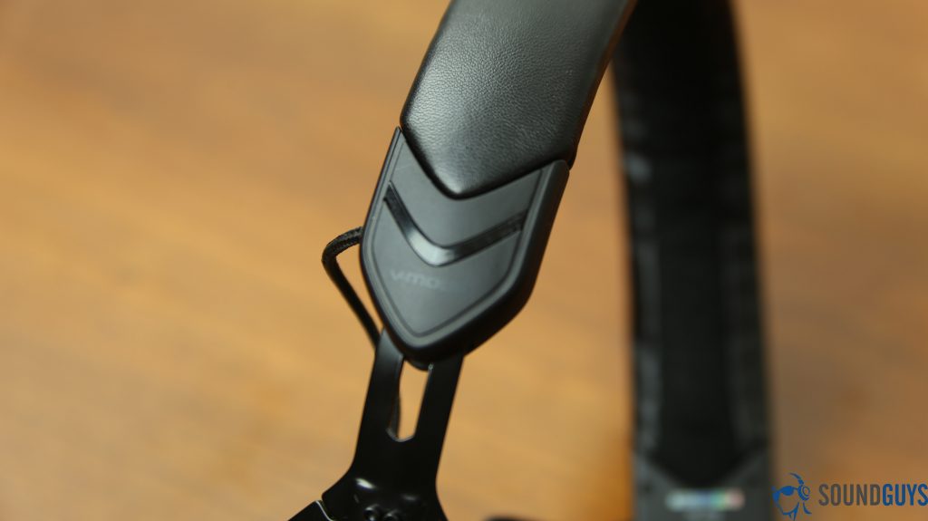 Best headphones under $200: A close-up of the V-Moda XS (black) headband to show arrowed, militaristic design.
