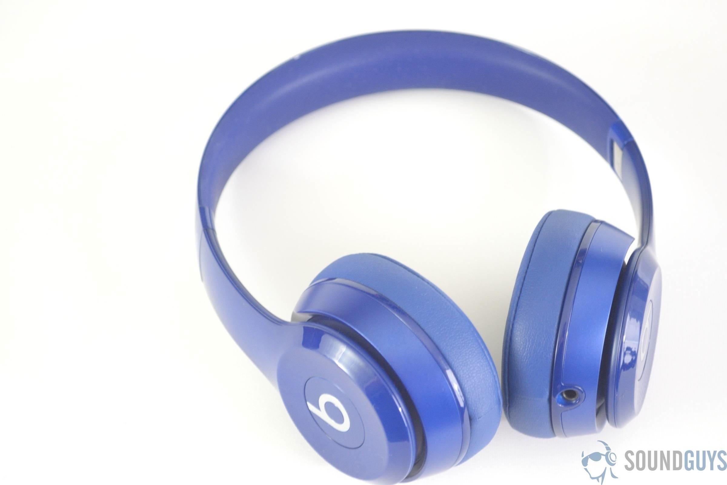 Shot of the blue Solo 2 headphones on a white background. 