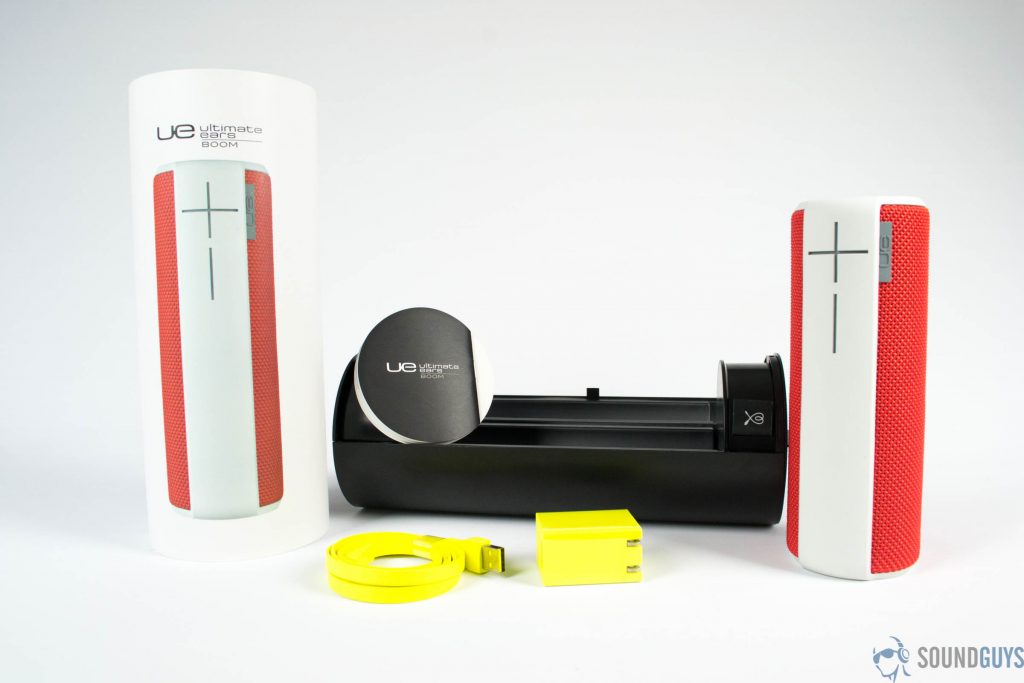 Pictured is the UE Boom packaging and all of the contents on a white background. 