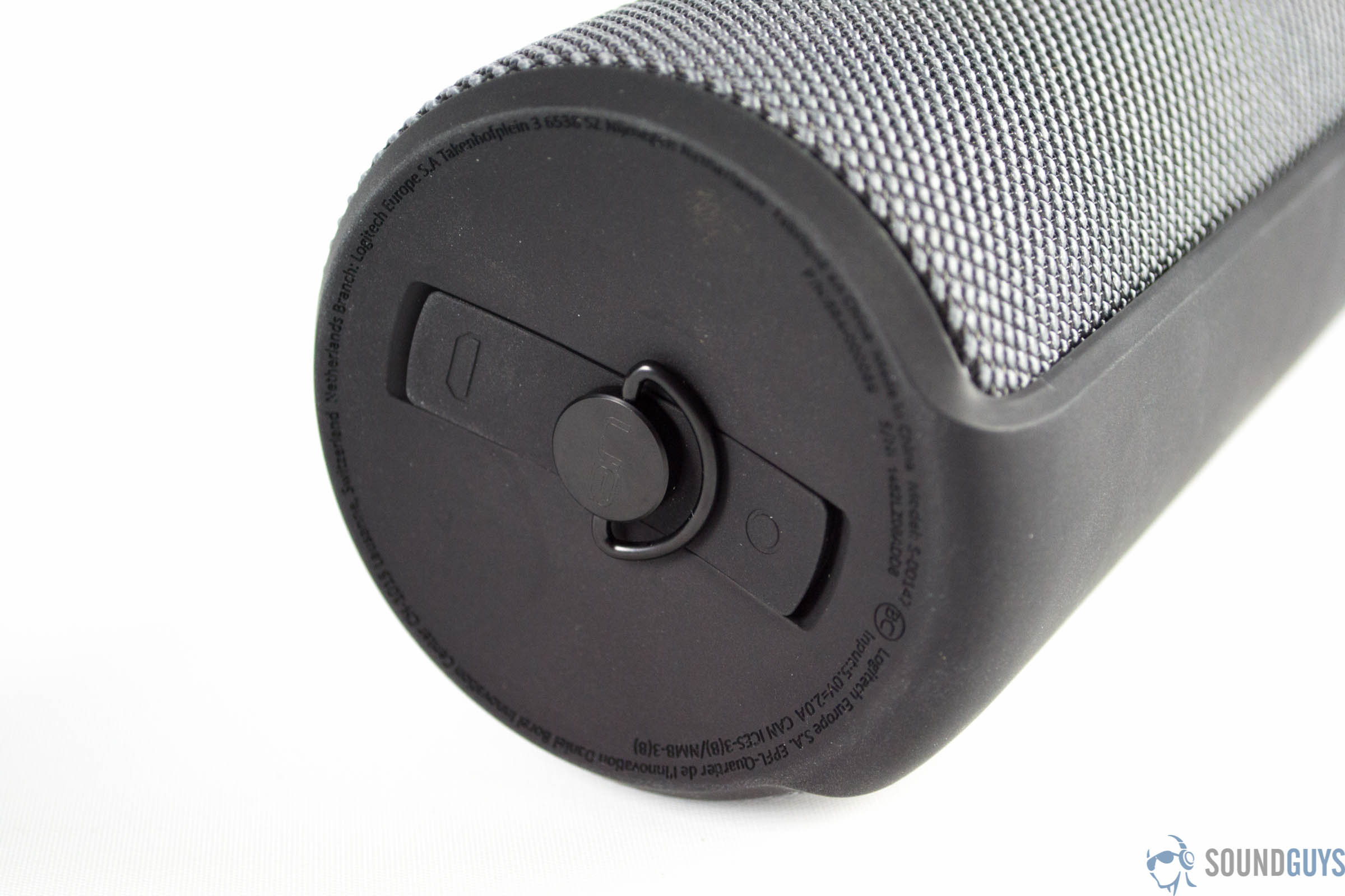 A picture of the UE Megaboom 3 Bluetooth speaker carry clip on the bottom of the cylinder shape.