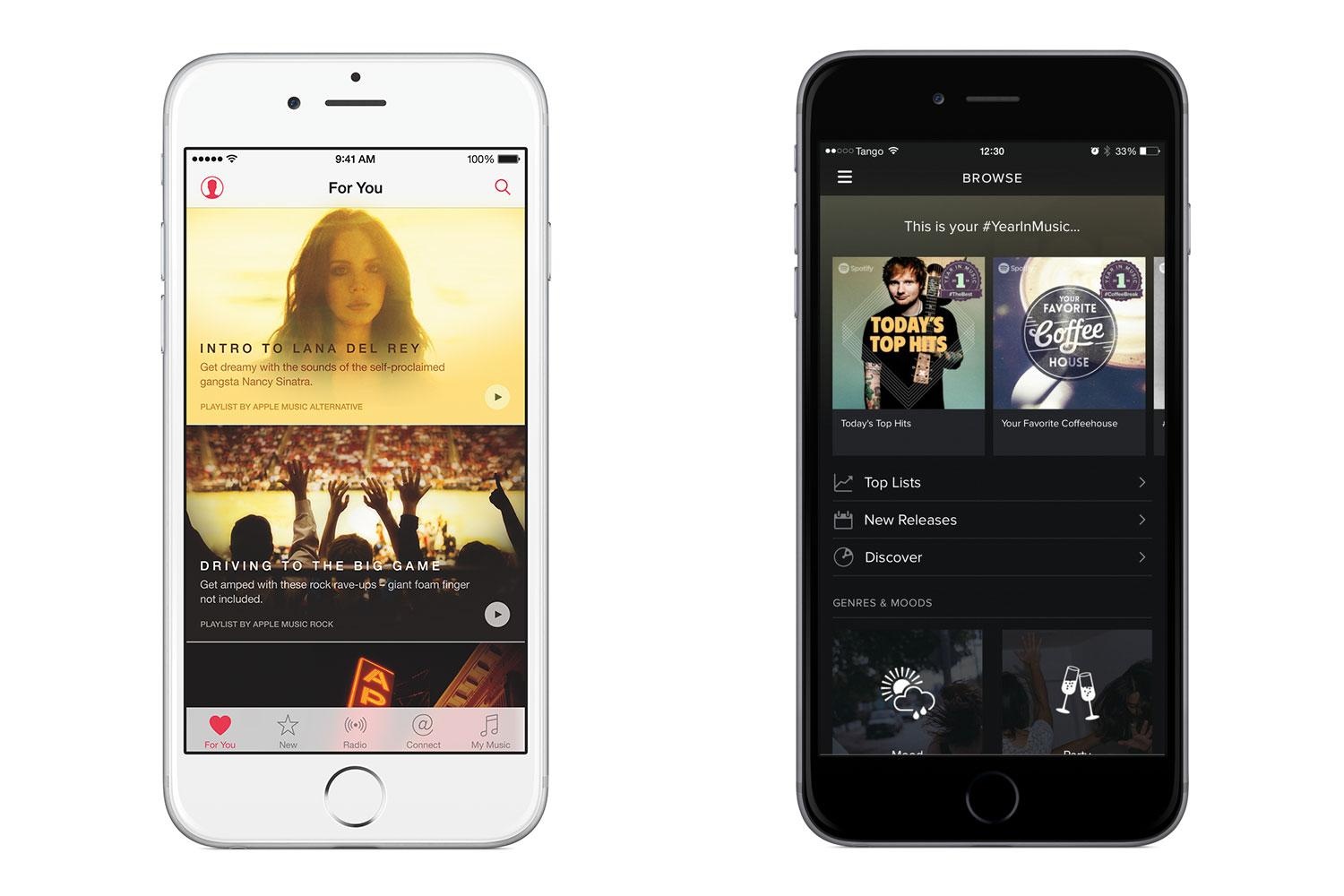 spotify-apple-music-1500x1000 Christmas: Image of two iPhones, white and black, with iTunes and Spotify open.