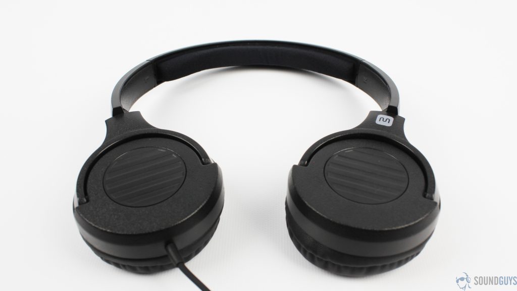 The Monoprice Hi-Fi On-Ear headphones in black against a white table with the full headset in view.