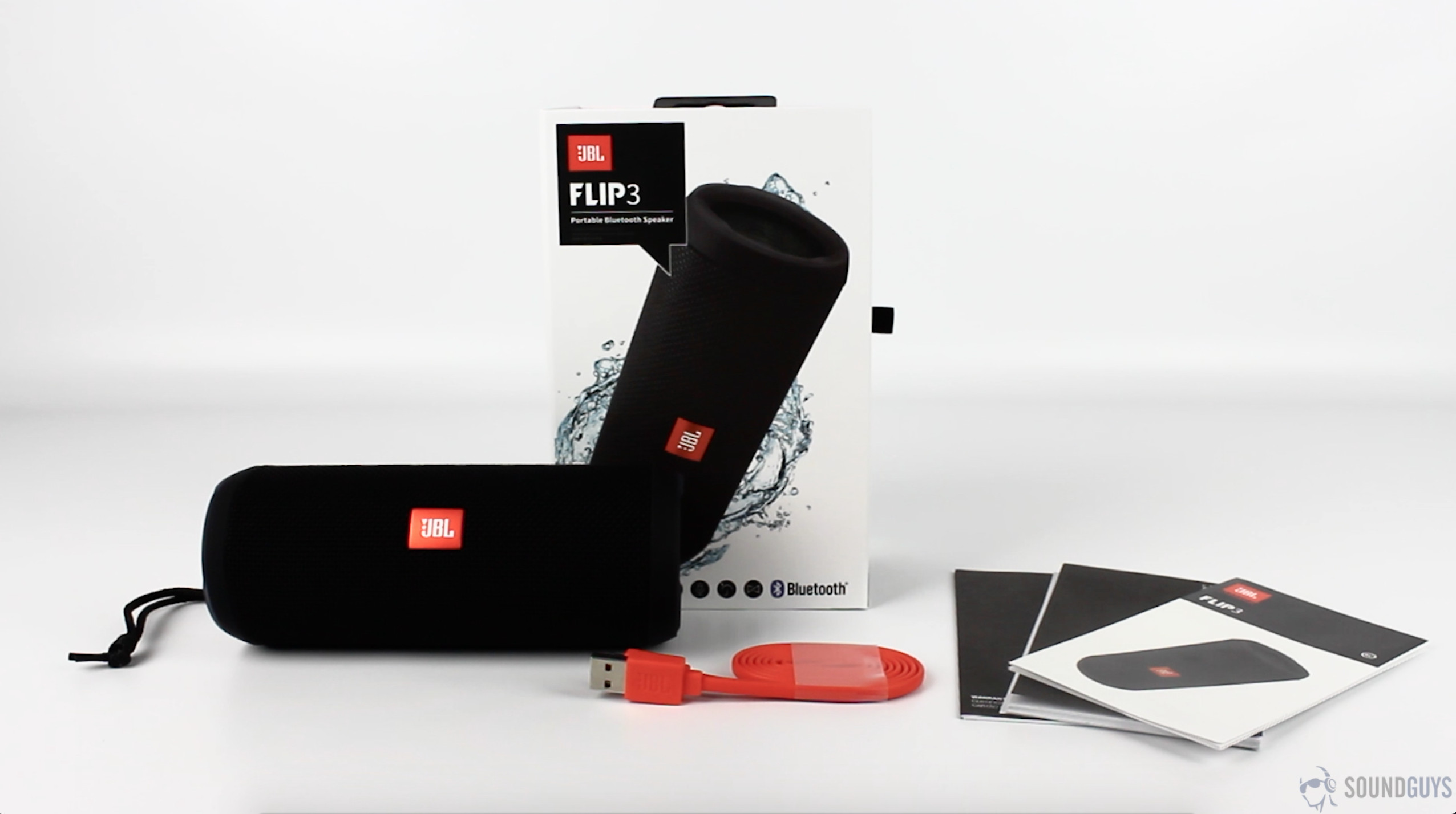 Pictured are the contents of the box that the JBL Flip 3 comes in. 