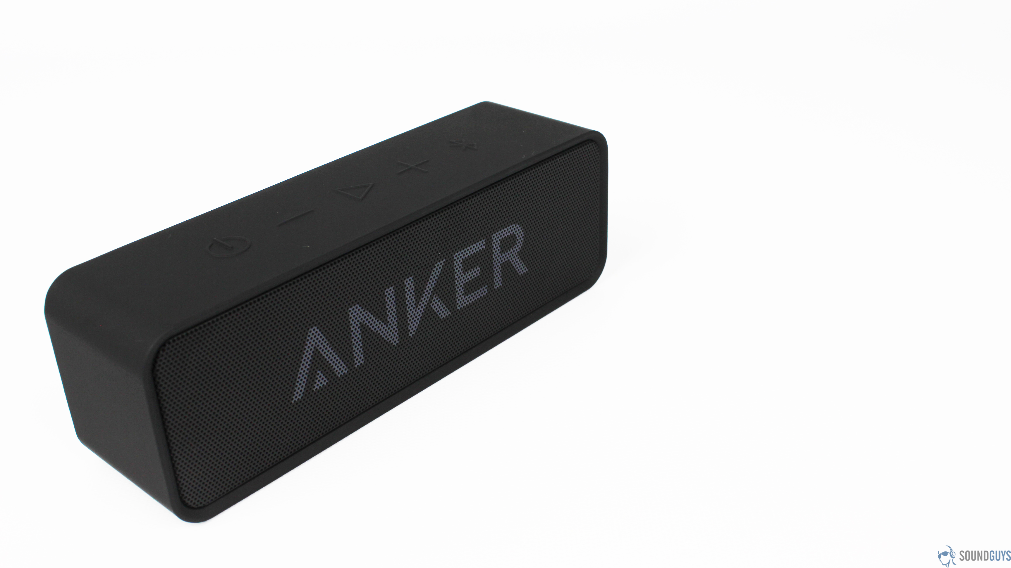 Dual high-performance drivers and a unique spiral bass port deliver great sound quality with the Anker Soundcore. Pictured: The speaker at an angle, closest on the left side of the screen.