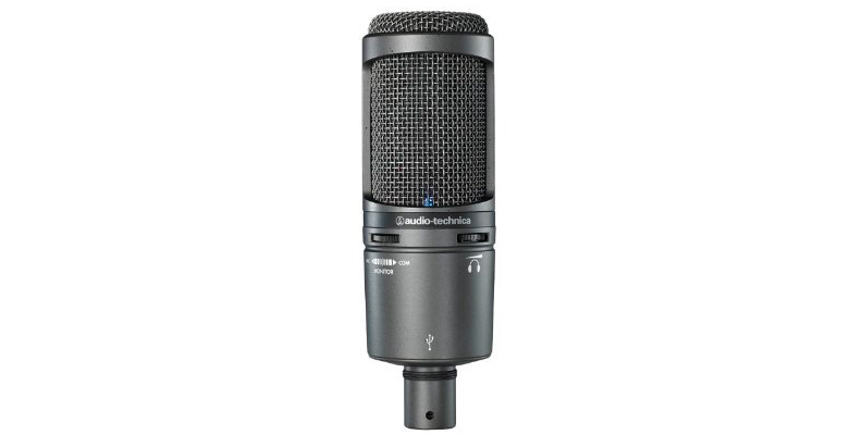 A product render of the Audio-Technica AT2020 microphone against a white background.
