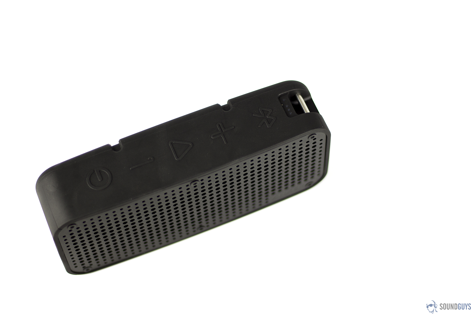 A top-down, angled view of the Anker SoundCore Sport XL speaker in black. The playback controls are large and easy to see or feel.