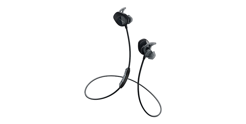 The Bose SoundSport Wireless workout earbuds in black against a white background.