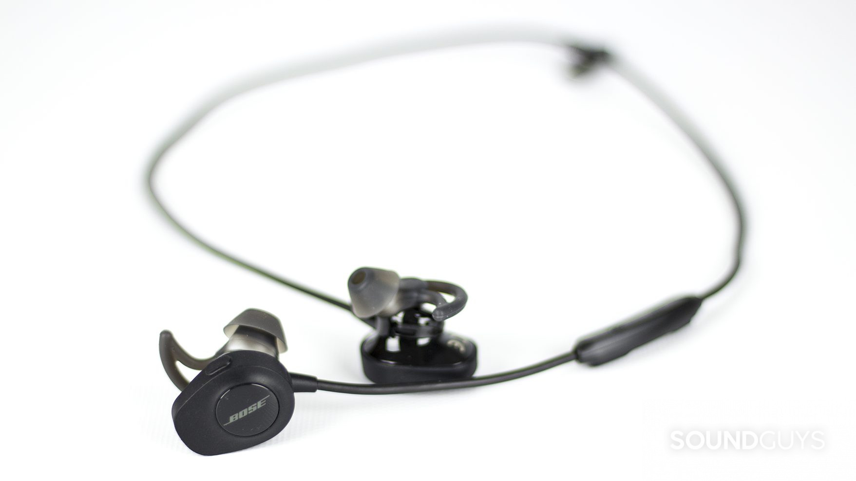 The Bose SoundSport Wireless in black against a white background with the whole product in view.