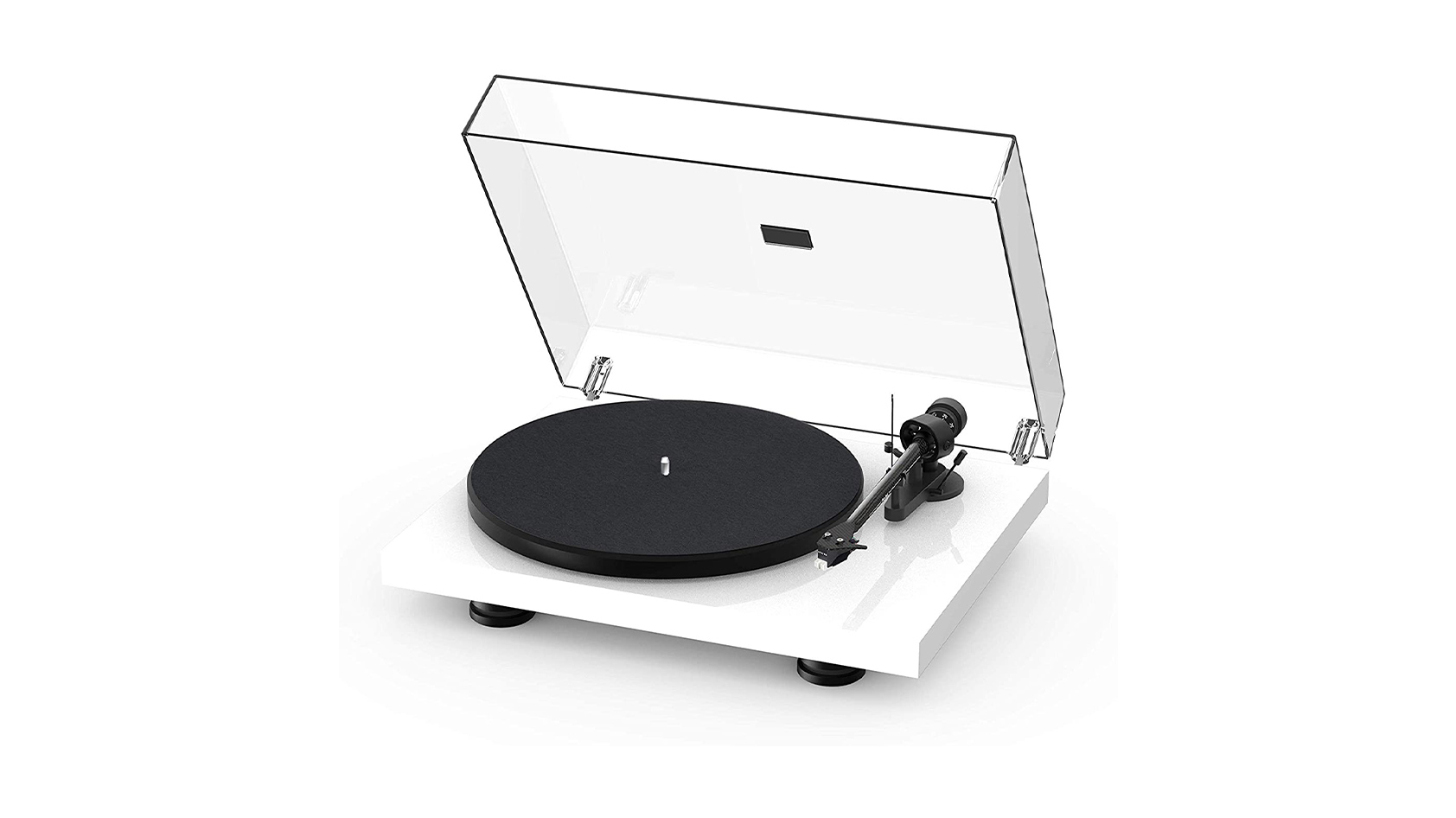 Pro-Ject Debut Carbon Evo white turntable against a white background.