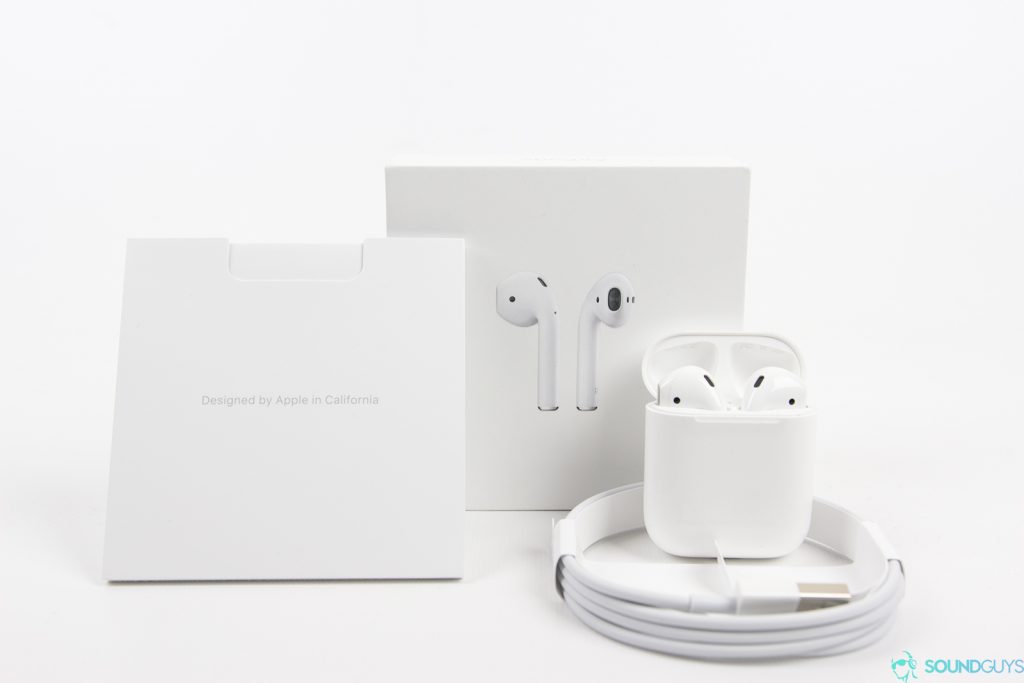 Apple AirPods: packaging on white background.