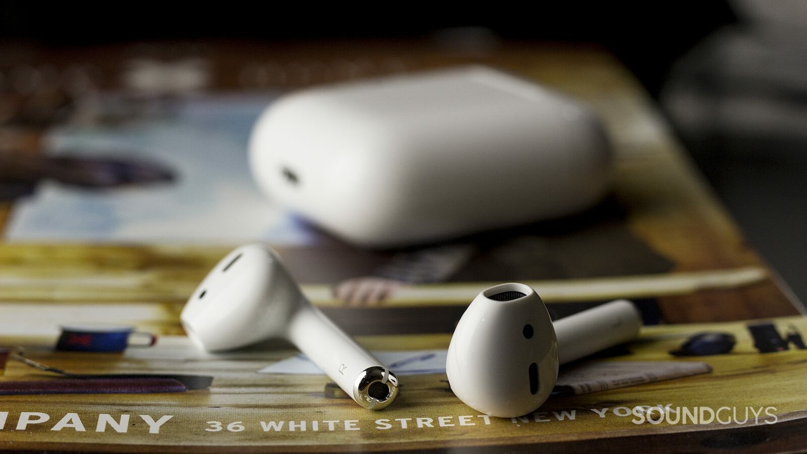 The Apple AirPods true wireless earbuds outside of the charging case.