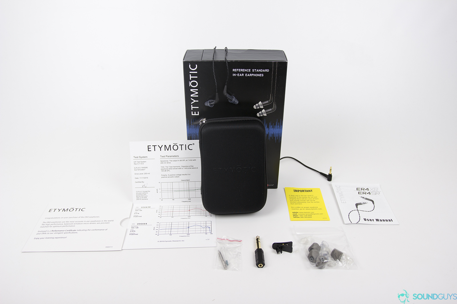 Photo of the Etymotic ER4SR packaging all laid out against a white table.