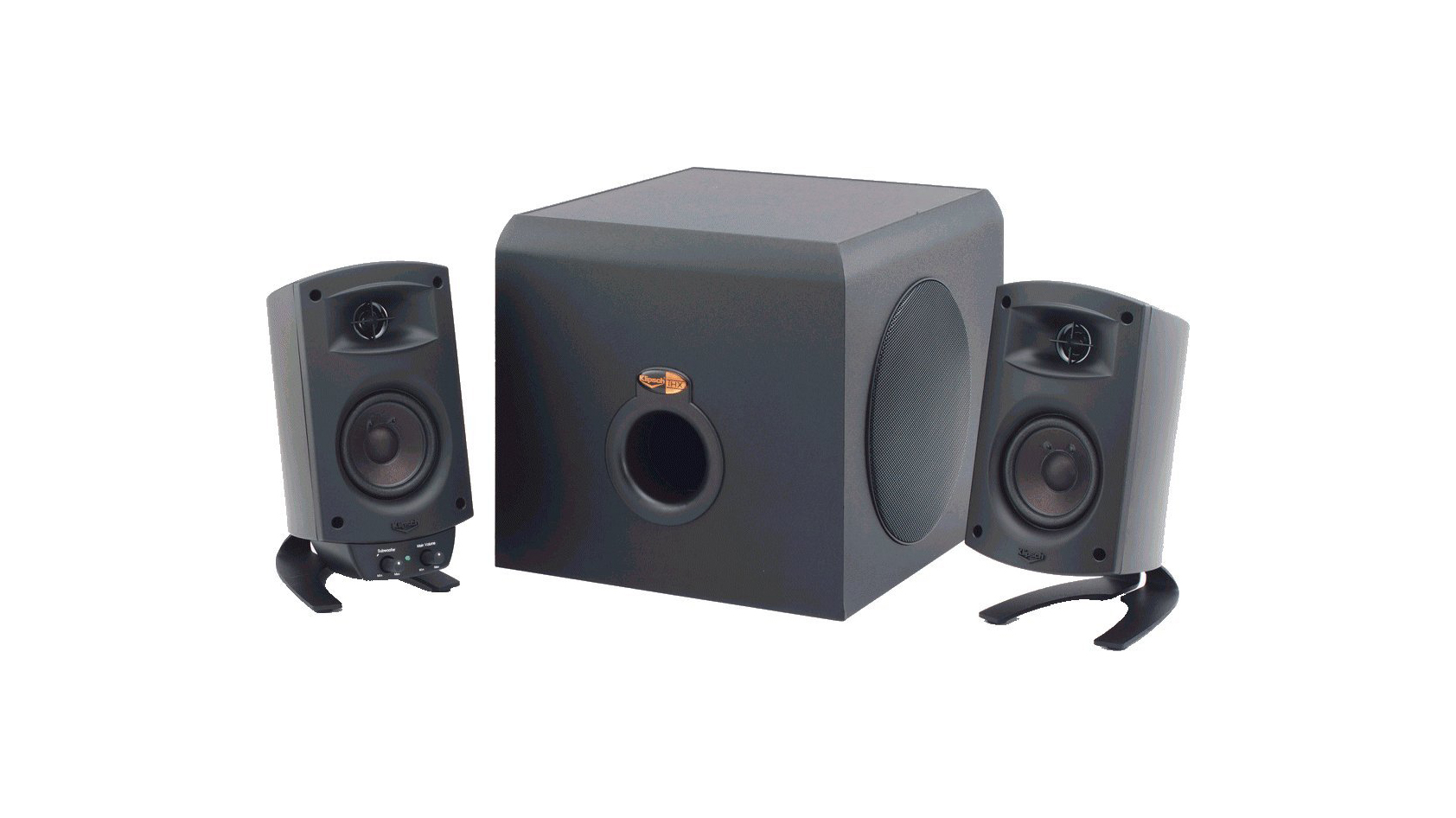 A product image of a Klipsch 2.1 system that consists of two speakers and a subwoofer.