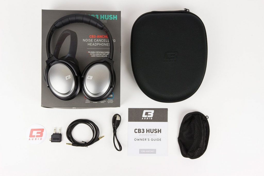 A photo of the CB3 Hush over-ear wireless Bluetooth active noise canceling headphones and its package contents.
