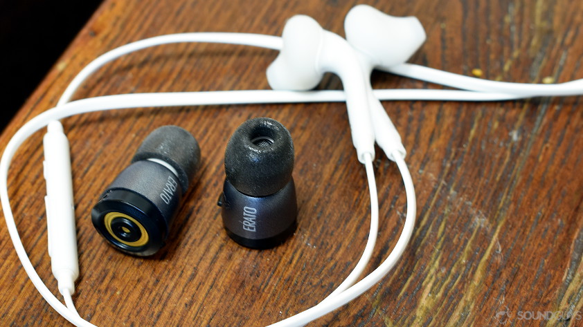 The great benefit of truly wireless earbuds is that they are, well, truly wireless, freeing users from getting wrapped up in a mess of cables. Pictured: The Erato Apollo 7 earbuds in the middle of an old pair of wired, white earbuds.