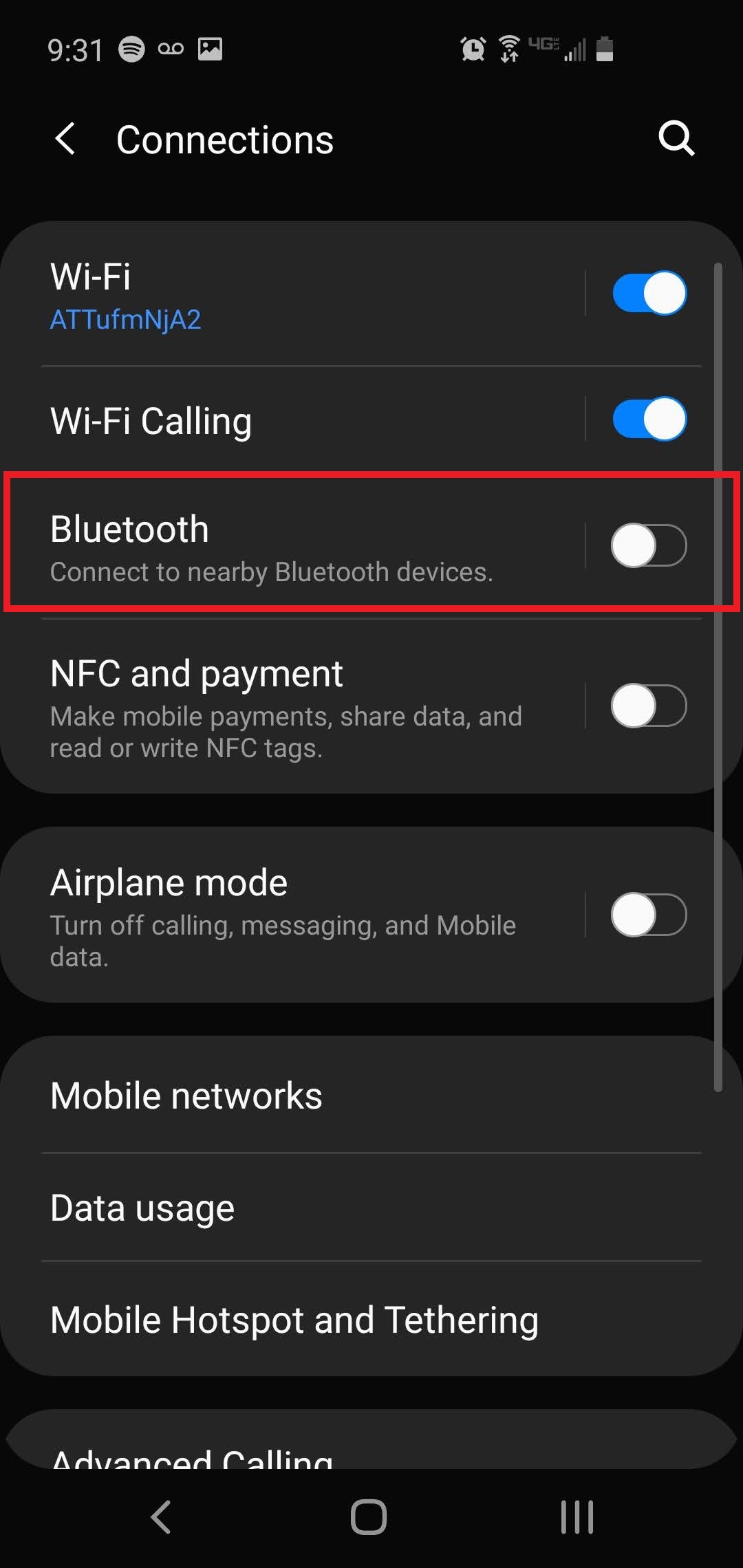 A screenshot displaying how to use Bluetooth on Android with the Connections menu open and Bluetooth tab highlighted.