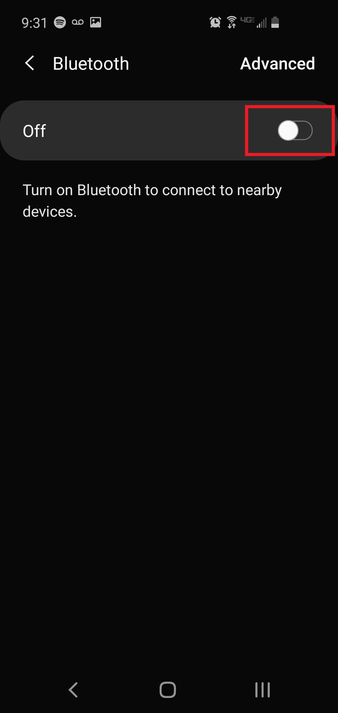 A screenshot displaying how to use Bluetooth on Android with the Bluetooth menu open and Bluetooth toggle (off) highlighted to show how to enable it.