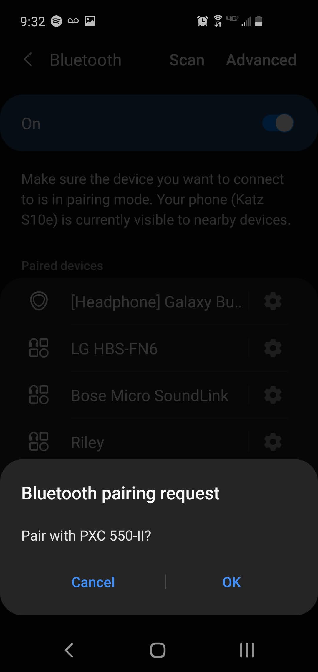 A screenshot displaying how to use Bluetooth on Android with the Bluetooth menu open and a pop-up card of a headset requesting access to connect.