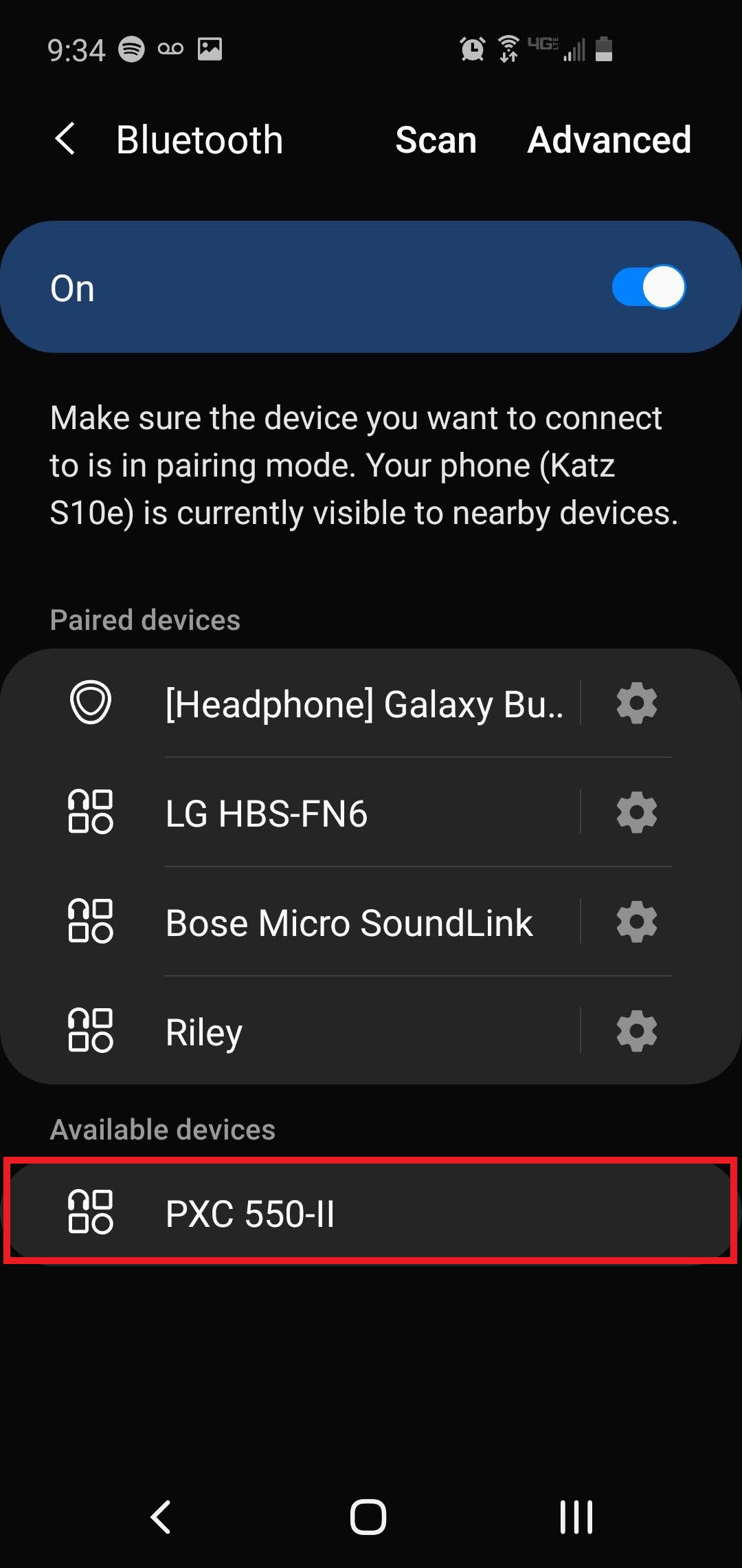 A screenshot displaying how to use Bluetooth on Android with the Bluetooth menu open with the available, desired device highlighted.