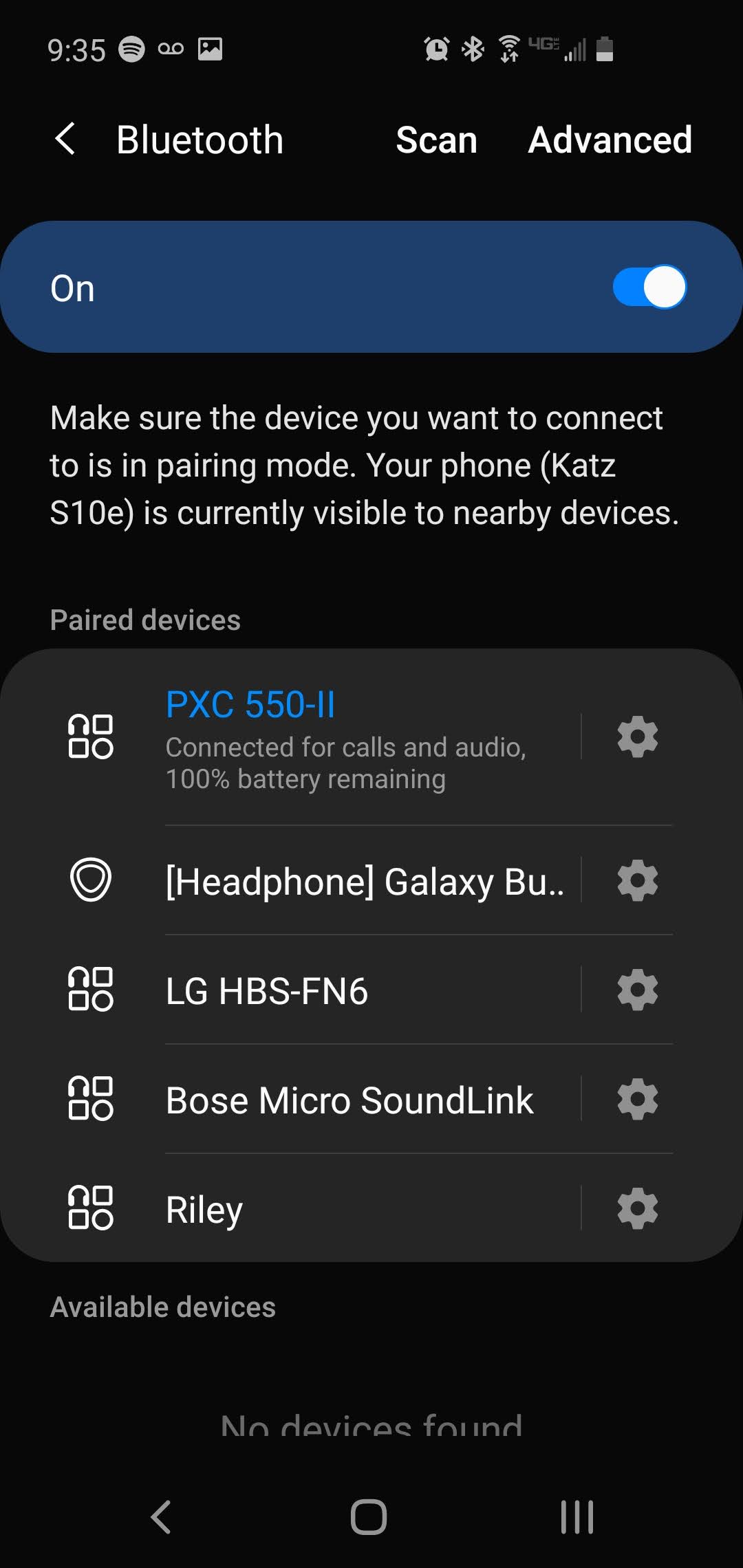 A screenshot displaying how to use Bluetooth on Android with the Bluetooth menu open with the Bluetooth headset successfully connected for calls and audio.