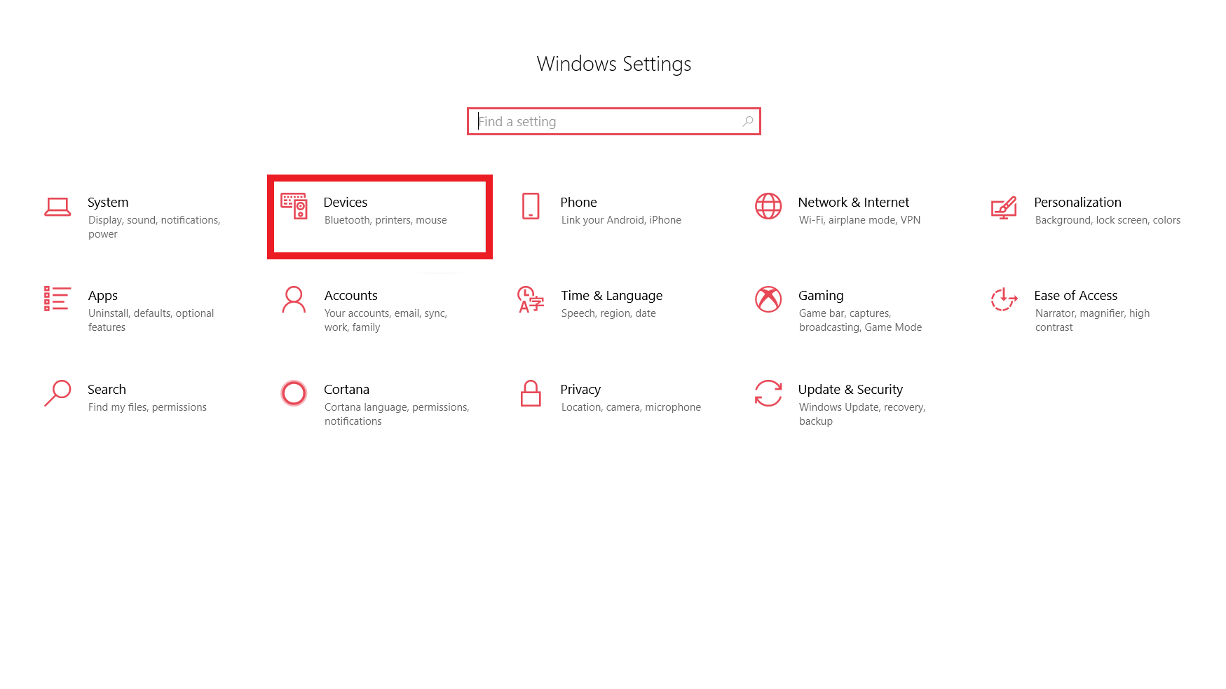 A screenshot displaying how to use Bluetooth Windows 10 with the Windows 10 Settings menu open, and Bluetooth devices option highlighted.