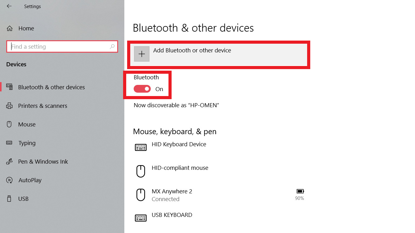 A screenshot displaying how to use Bluetooth Windows 10 with the Bluetooth menu pulled up, and Bluetooth power toggle and Add a Bluetooth Device commands highlighted.