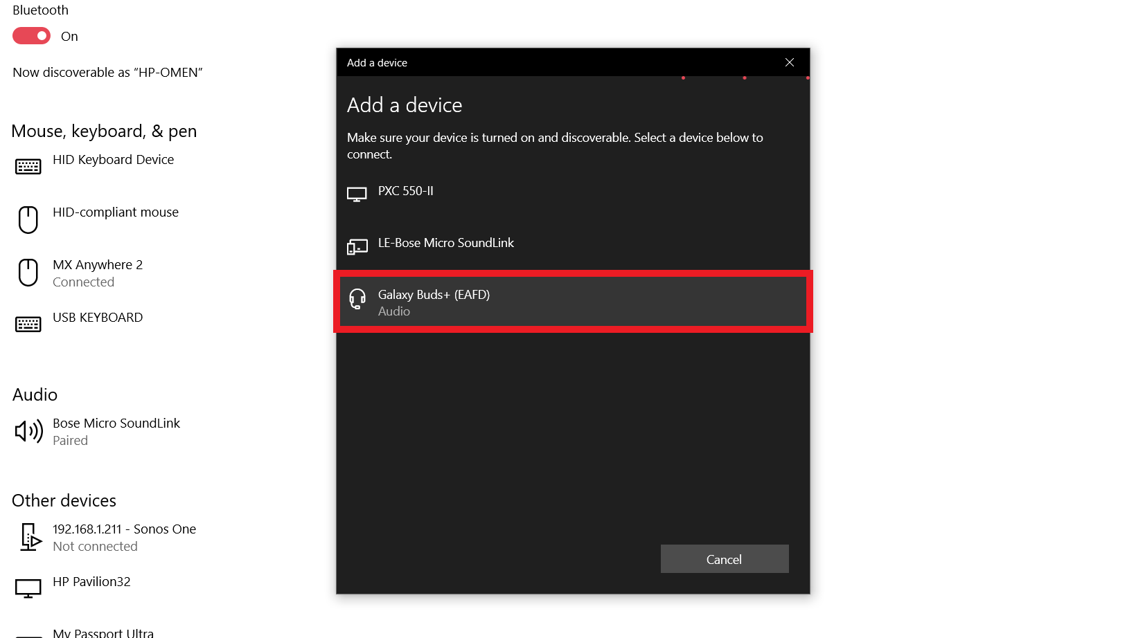 A screenshot displaying how to use Bluetooth Windows 10 with the Add a New Device Window open with the desired Samsung Galaxy Buds Plus highlighted for pairing.