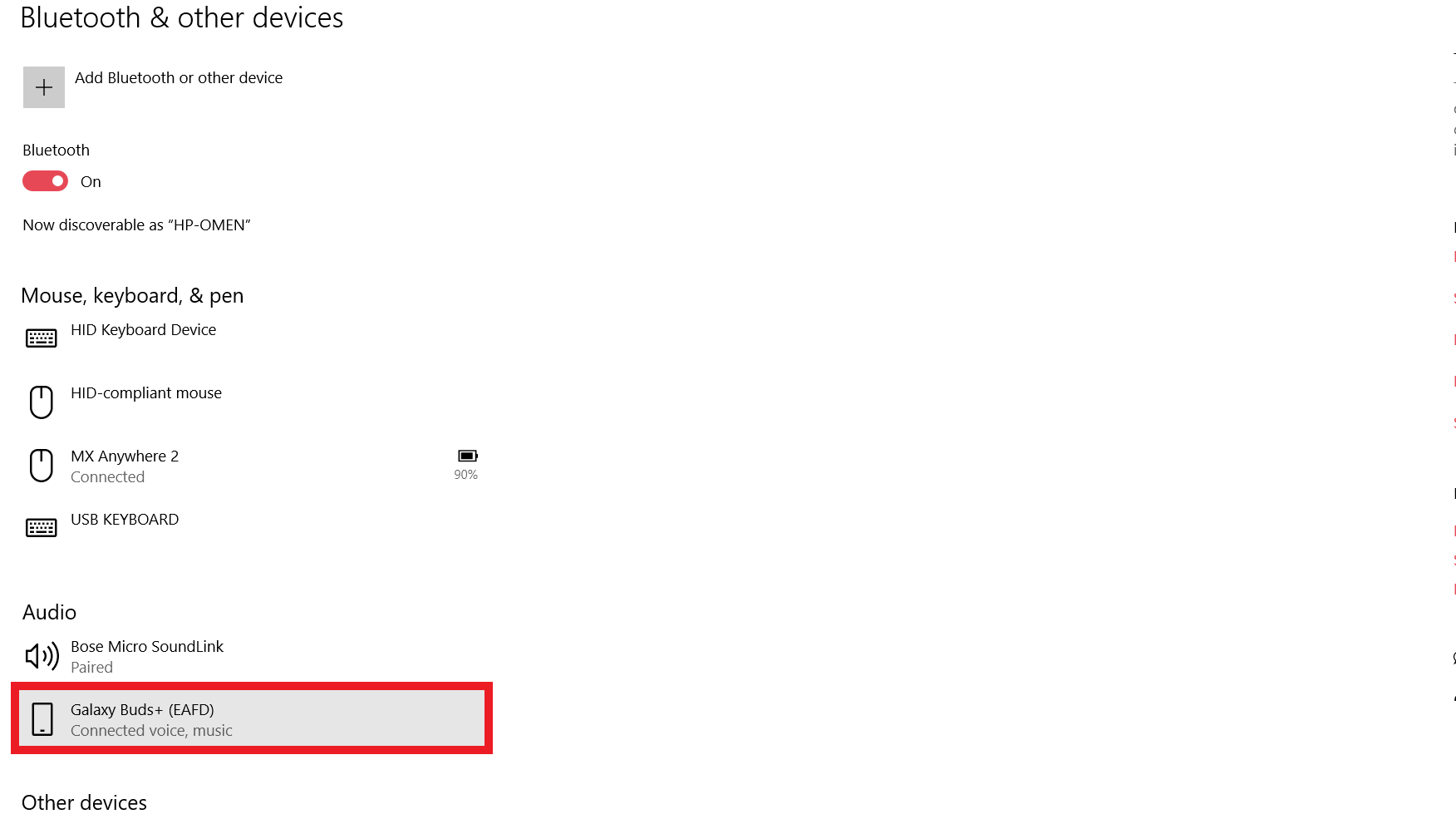 A screenshot displaying how to use Bluetooth Windows 10 with the Bluetooth menu open displaying the Samsung Galaxy Buds Plus were successfully paired.