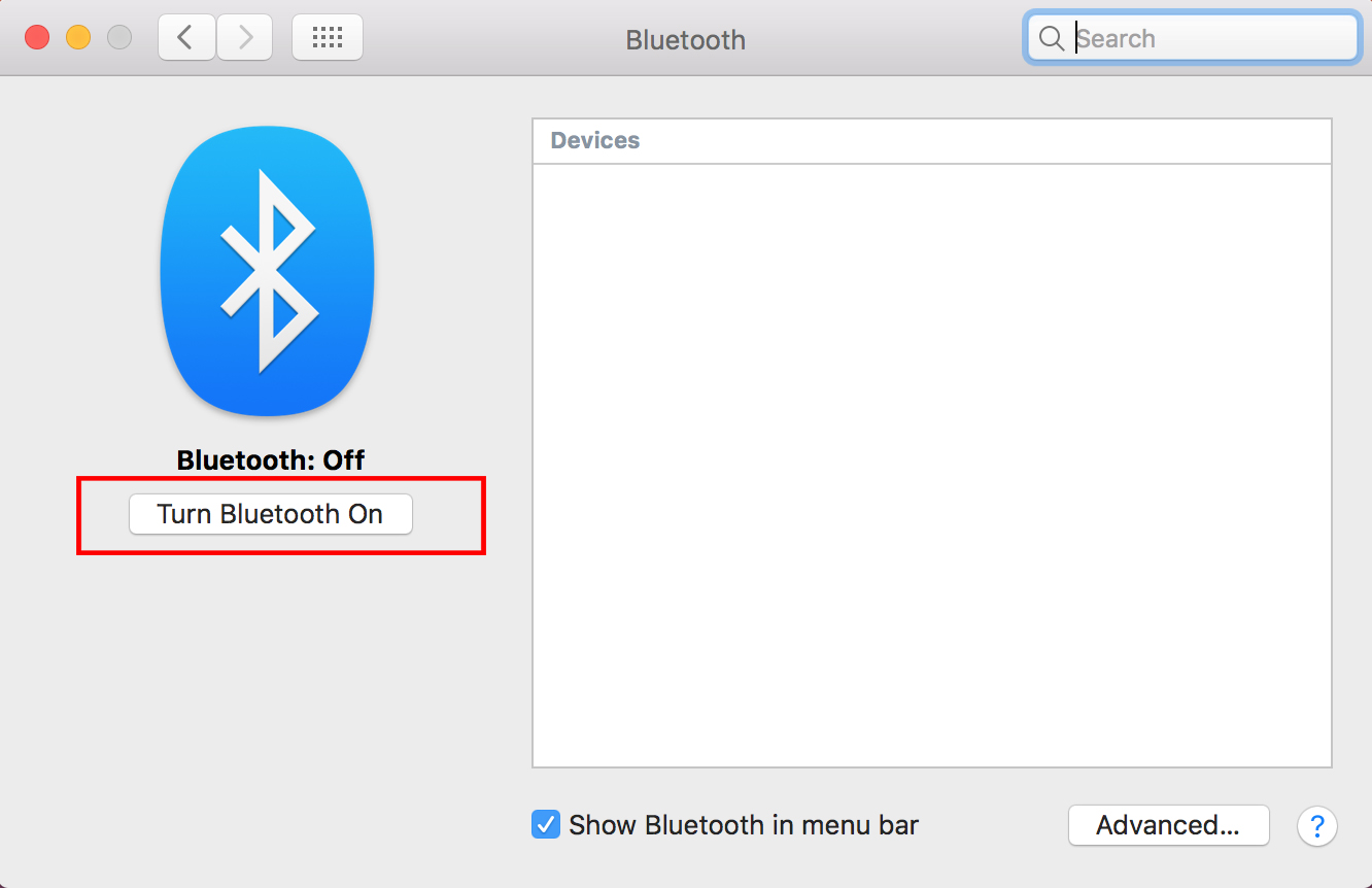 A screenshot for how to use Bluetooth on a Mac of the Bluetooth menu, highlighting the Bluetooth On button