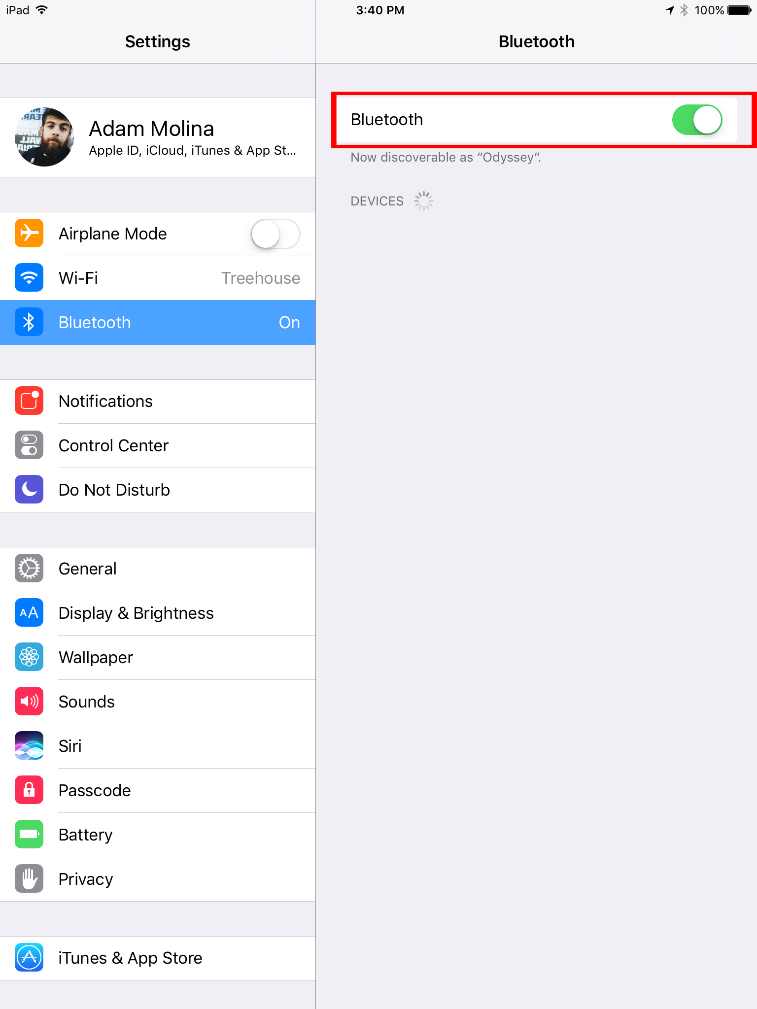A screenshot for how to use Bluetooth on an iOS devices like an iPhone or iPad with the Settings app open and Bluetooth toggle turned on.