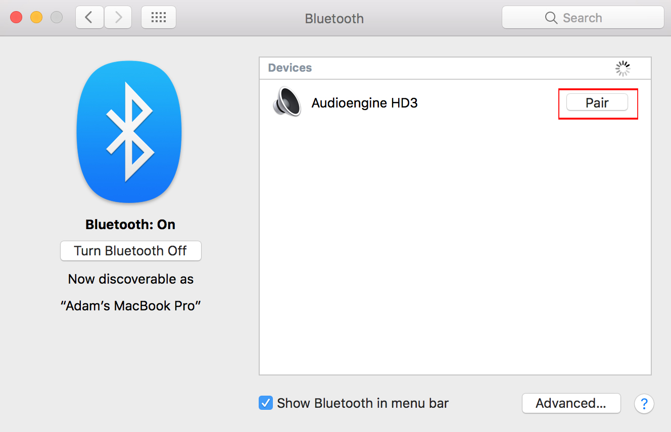 A screenshot for how to use Bluetooth on a Mac of the Bluetooth menu, highlighting the Bluetooth paired device.