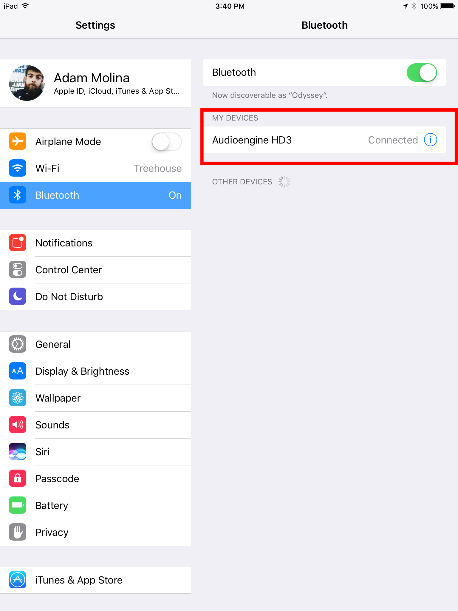 A screenshot for how to use Bluetooth on an iOS devices like an iPhone or iPad with the Settings app open, and Bluetooth settings enabled and desired available device on display in the menu.