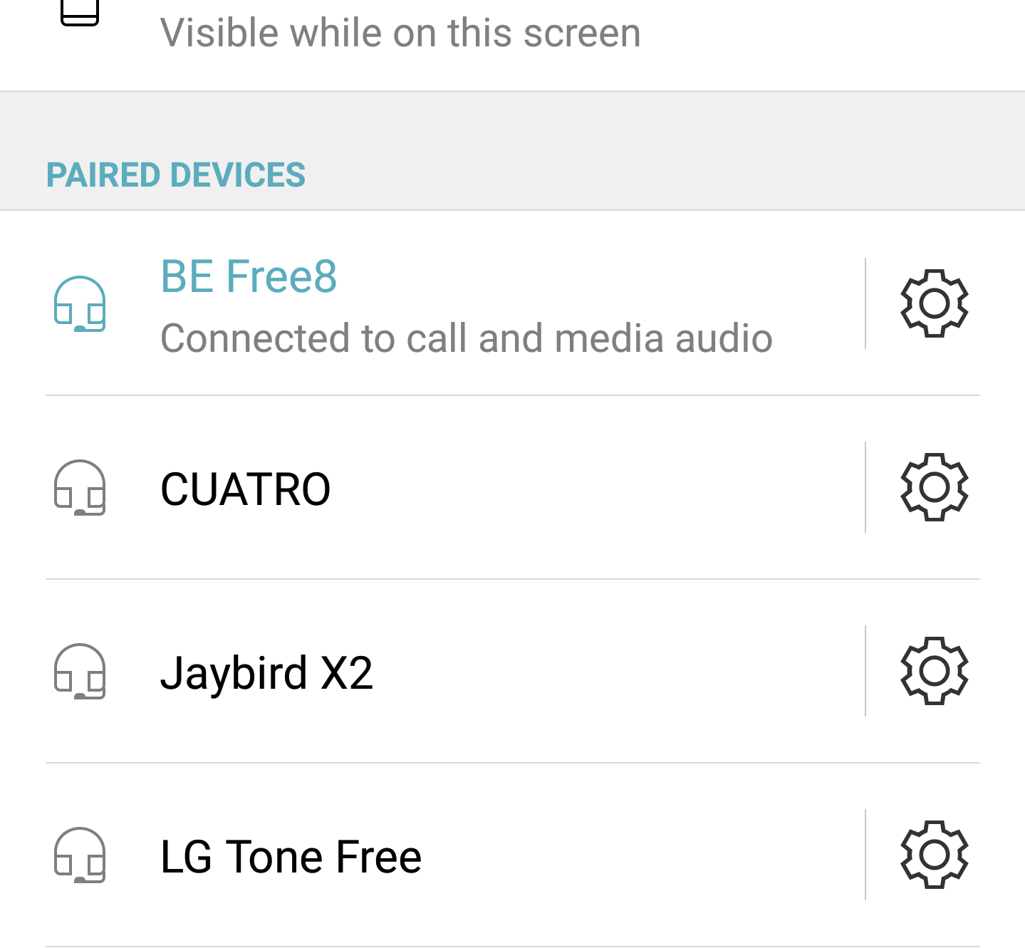 A photo that shows a typical Bluetooth smartphone pairing menu, with the Optoma NuForce BE Free8 present.