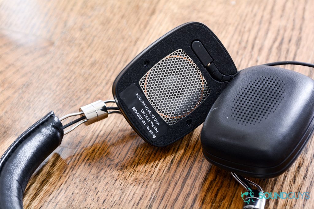 Bowers and Wilkins P5 Wireless: The headphones with one of the earpads removed to show the grill that covers the 40mm drivers.