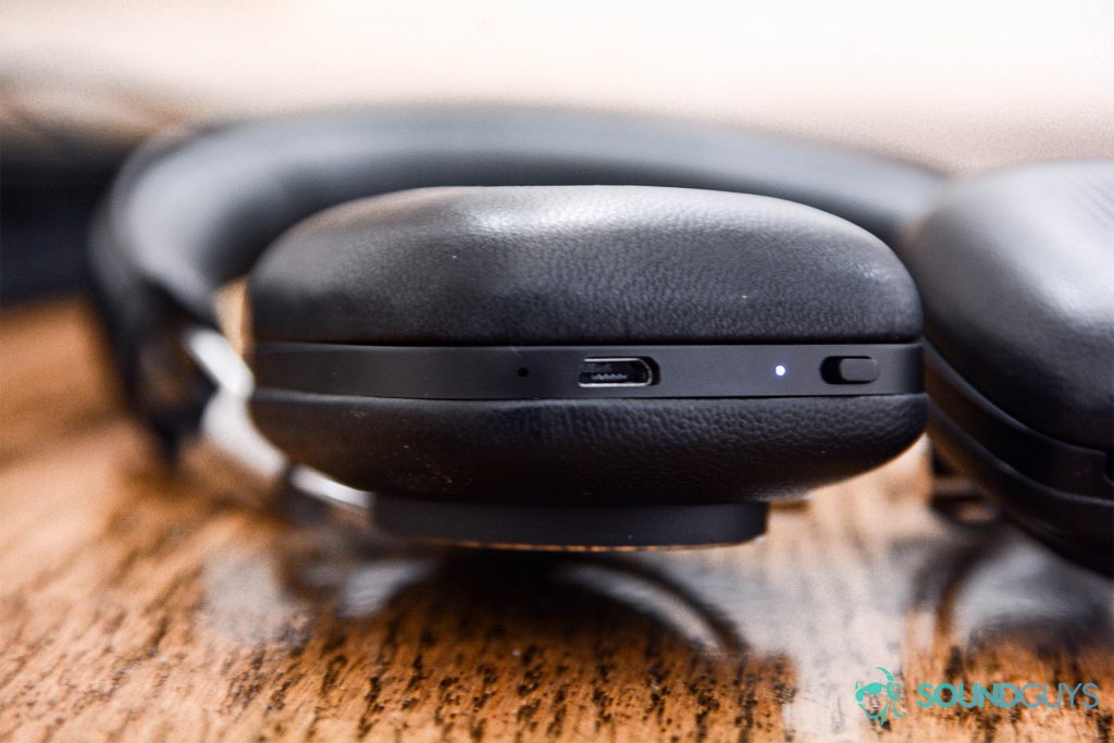 Bowers and Wilkins P5 Wireless: An image of the LED indicator, micro-USB imput, and power button.