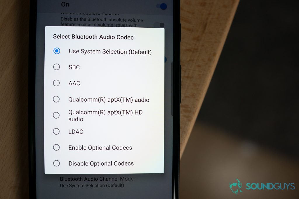 Shot of the Bluetooth codec options in Android.