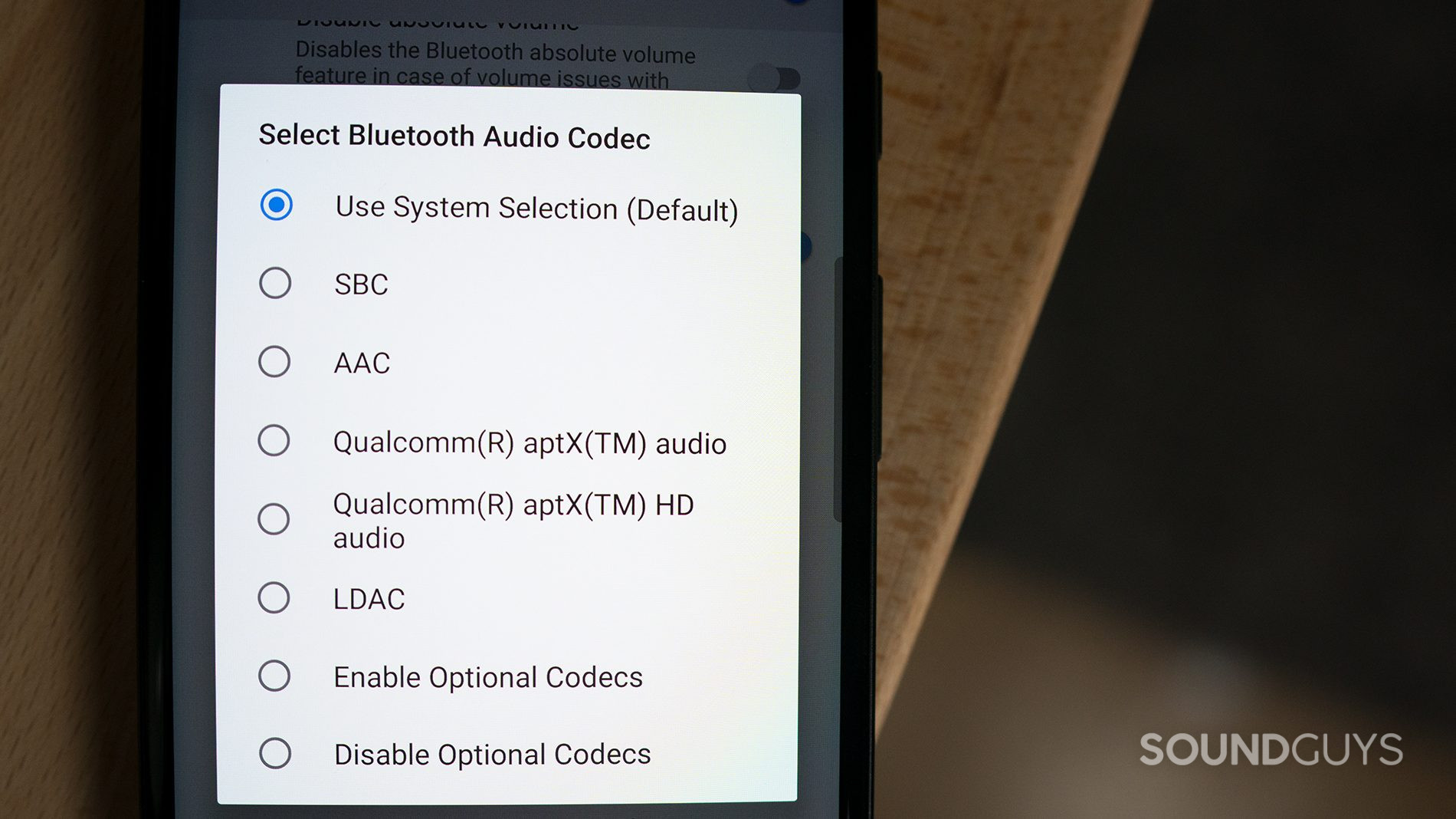 Bluetooth Codecs in Android A photo of the Bluetooth codec options in Android.
