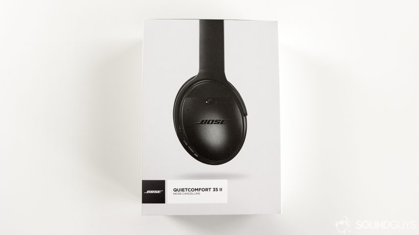 The packaging of the Bose QuietComfort 35 II with the headphones pictured on the front against a white background. 