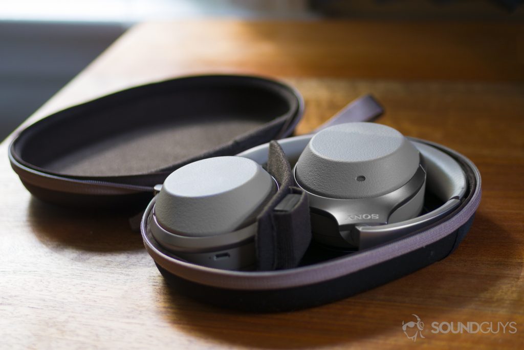 A photo of the Sony WH-1000XM2 Bluetooth headphones folded into its carrying case.