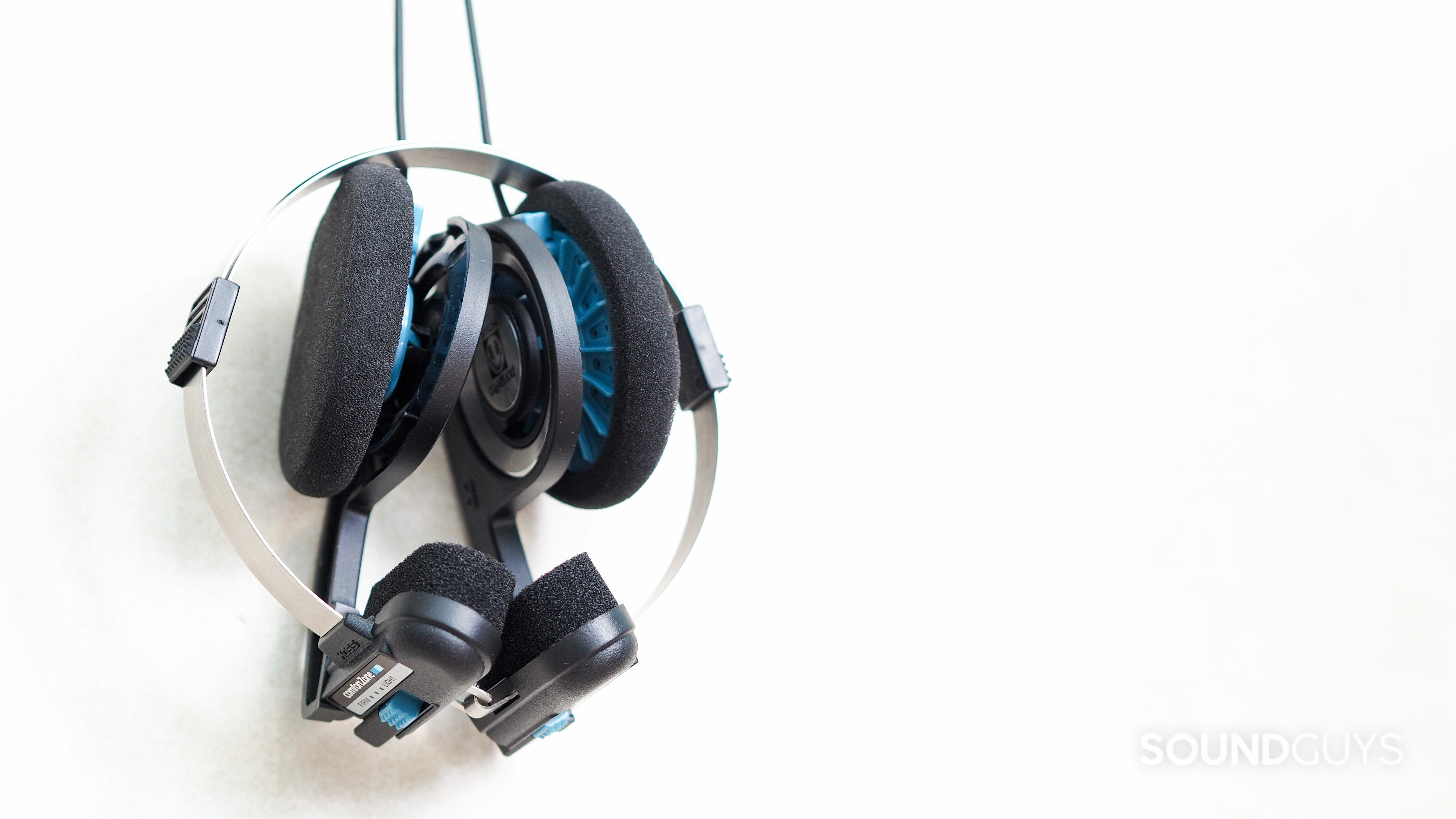 The Koss Porta Pro semi-open headphones dangling from the wires.