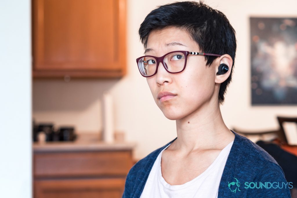 Best headphones under $200: True wireless Anker Zolo Liberty earbuds being worn.