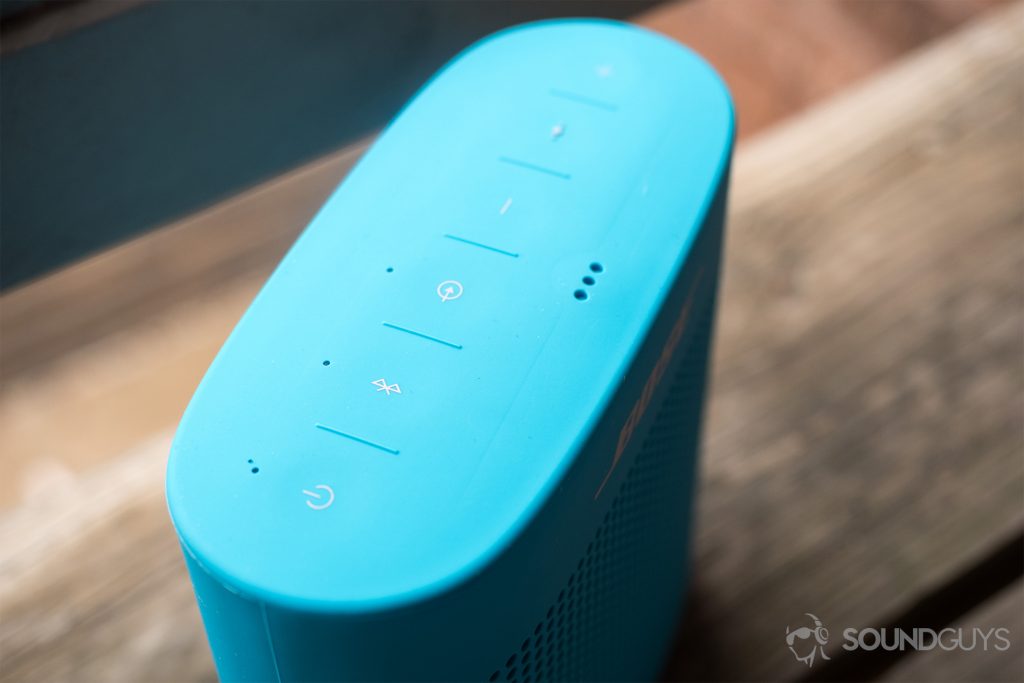 Located on the top panel, the microphone is good at picking up voices for phone calls or virtual assistant commands. Pictured: The Bose SoundLink Color II speaker at an agle to show off the microhpone on the top of the speaker.
