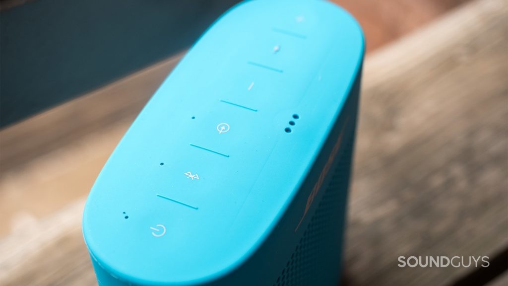 Located on the top panel, the microphone is good at picking up voices for phone calls or virtual assistant commands. Pictured: The Bose SoundLink Color II speaker at an agle to show off the microhpone on the top of the speaker.