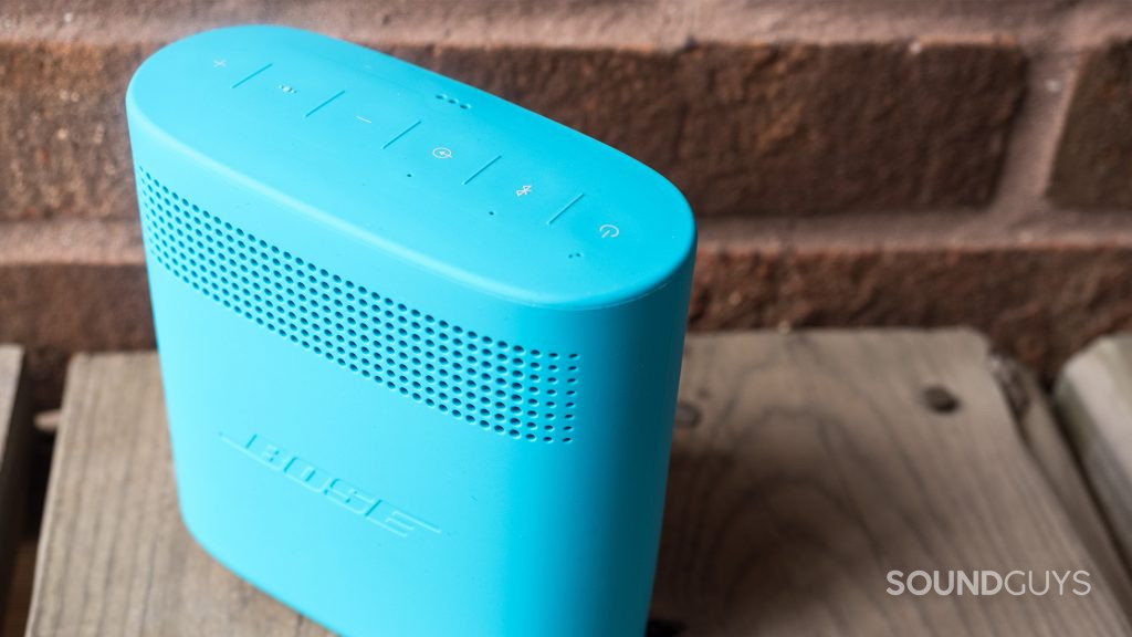 The Bose SoundLink Color II and its rear speaker holes and top control panel.