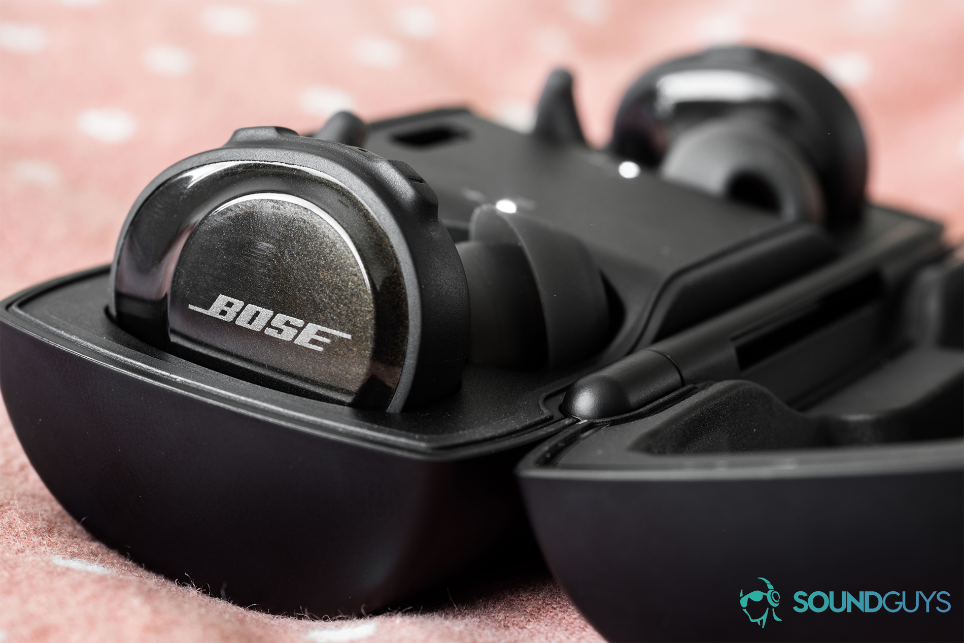 A photo of the Bose SoundSport Free true wireless workout earbuds sitting perfectly in the case.