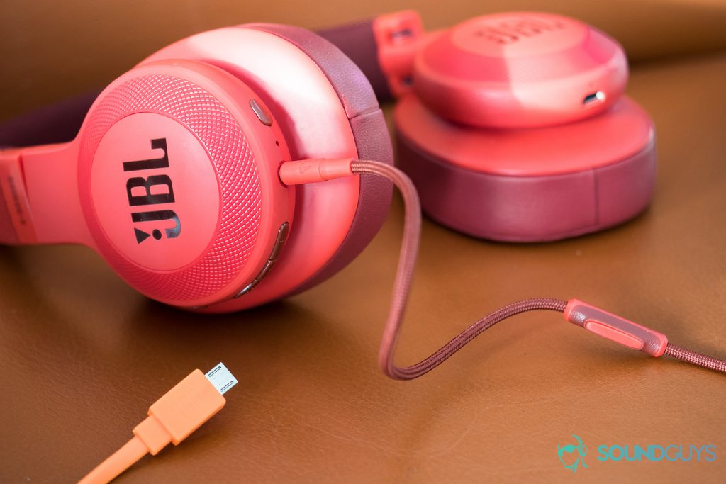 The JBL E55BT headphones include a micro USB charging cable and 3.5mm removable cable with an in-line mic and one-button remote.