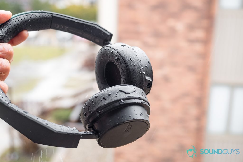 Most of us don't sweat more than a winter rainstorm precipitates, but it's good to know that the BackBeat 500 FIT can take the water. Pictured: The Plantronics BackBeat 500 FIT headphones in the hand during rain.