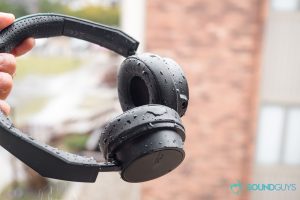 Most of us don't sweat more than a winter rainstorm precipitates, but it's good to know that the BackBeat 500 FIT can take the water. Pictured: The Plantronics BackBeat 500 FIT headphones in the hand during rain.