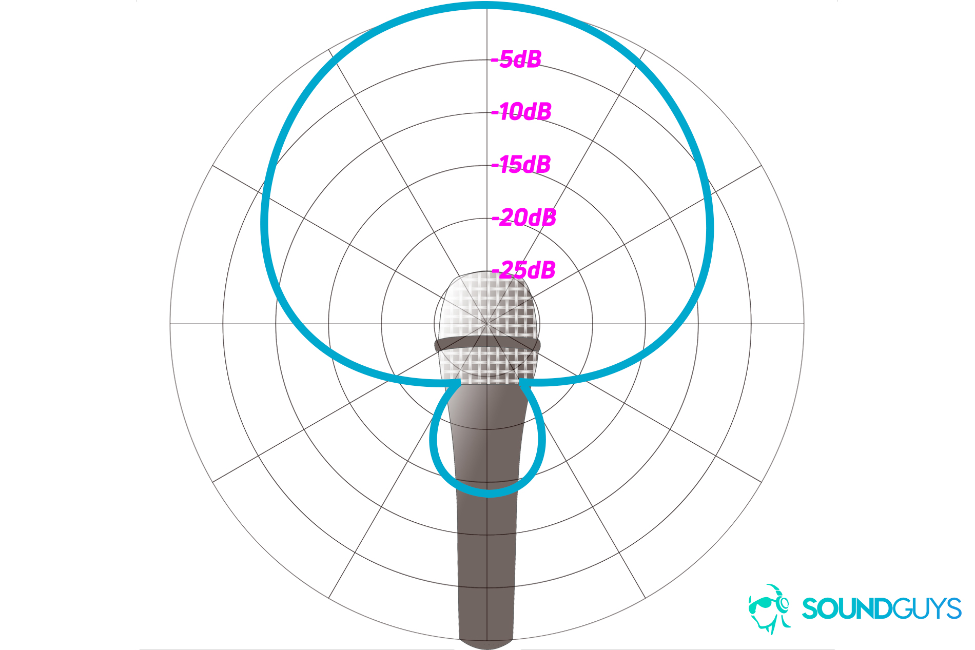 A chart showing a hypercardioid polar pattern with a microphone graphic to show placement.
