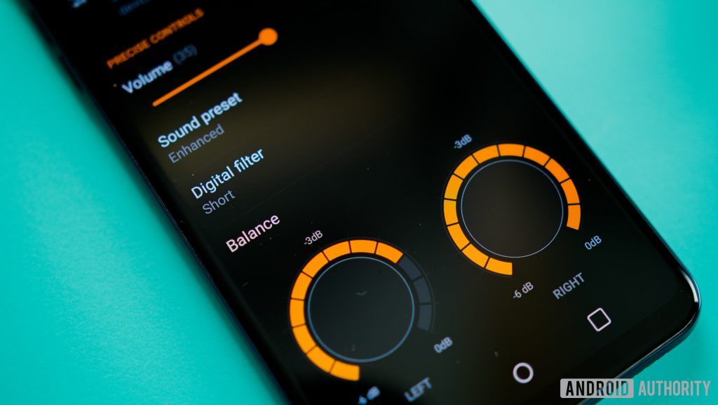 A photo of the LG V30 with its sound control screen displaying.